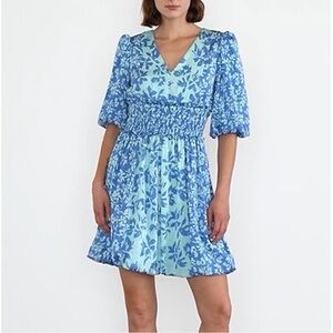 Taylor Blue Floral Print Smocked Puff Sleeve Mini Bubble Dress Size 10 NWT